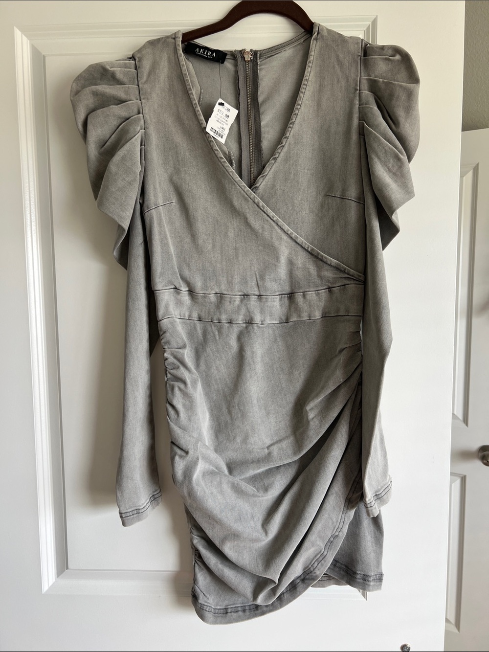 AKIRA -BRAND NEW- flex fit best friend Puff Sleeve Ruched Grey Denim Dress
